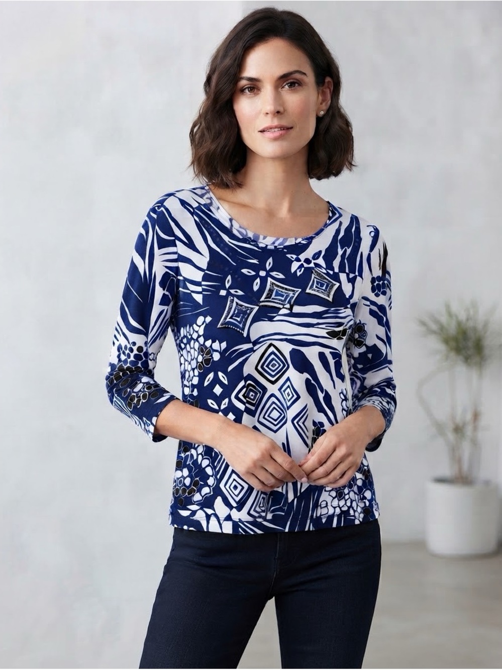 TanJay Petite Blue & White Abstract Print 3/4 Sleeve Knit Top Small